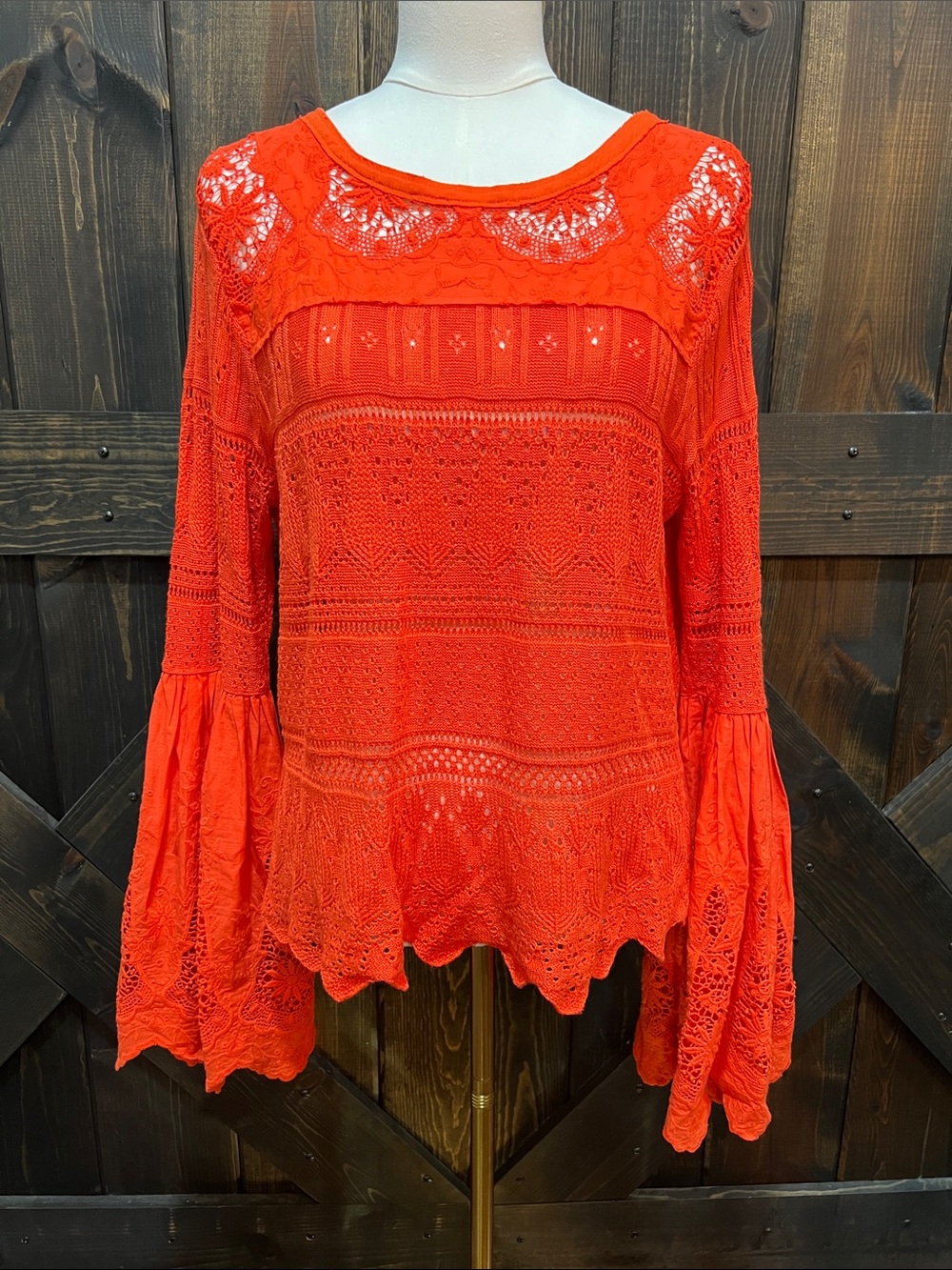 Free People Red Once Upon A Time Lace Top M Bell Sleeve Boho Crochet Festival